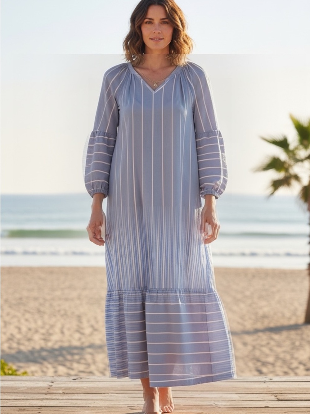 Few Moda Cotton Striped Light Blue V-Neck Maxi Dress with Bishop Sleeves - Women